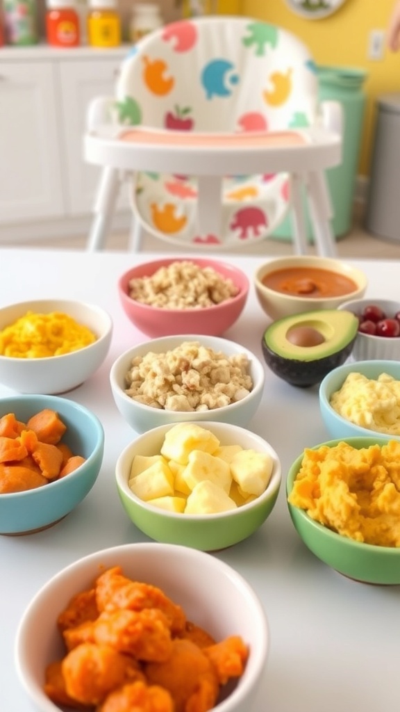 Nutritious Breakfast Ideas for 7-Month-Old Babies A variety of nutritious breakfast options for babies including mashed banana, oatmeal, avocado, scrambled eggs, and sweet potato.